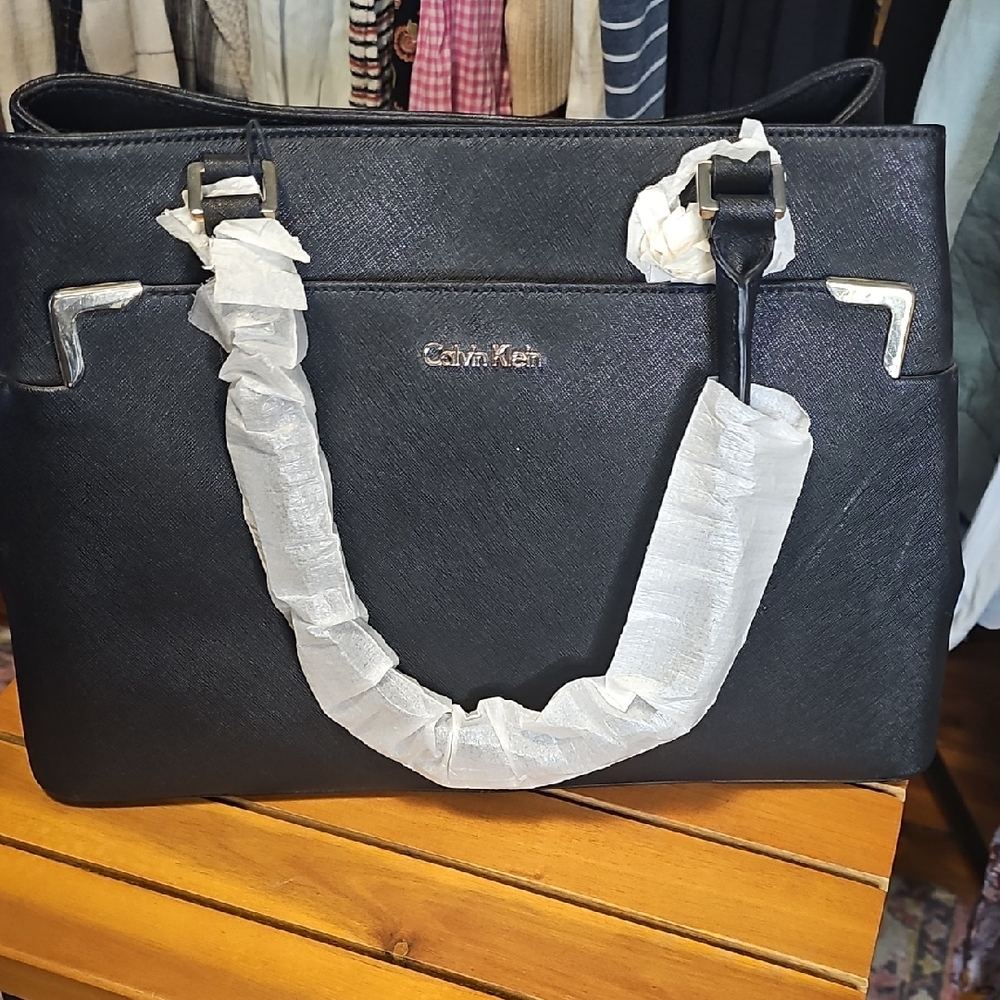 Calvin Klein Black Saffiano Tote with Silver Accents
